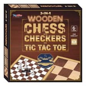 3-IN-1 WOODEN CHESS, CHECKERS & TIC TAC TOE